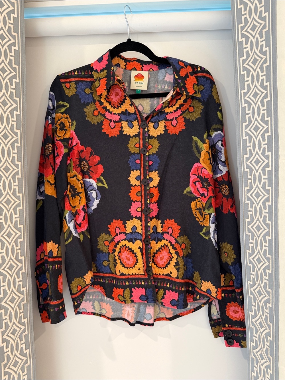 FARM Rio Black Floral Button-Down Shirt with Multicolor Blooms